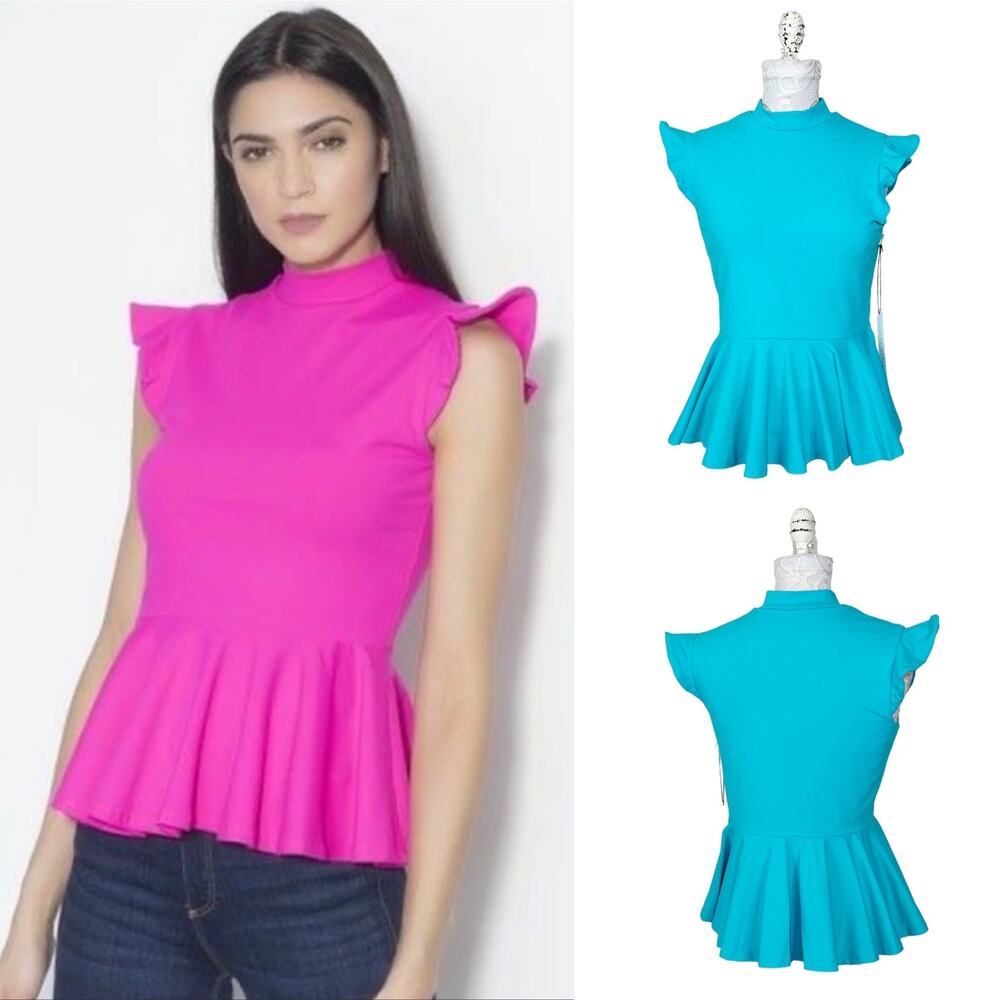 Susana Monaco Flutter Sleeve Peplum Hem Mock Neck Knit Top Women Small St Lucia